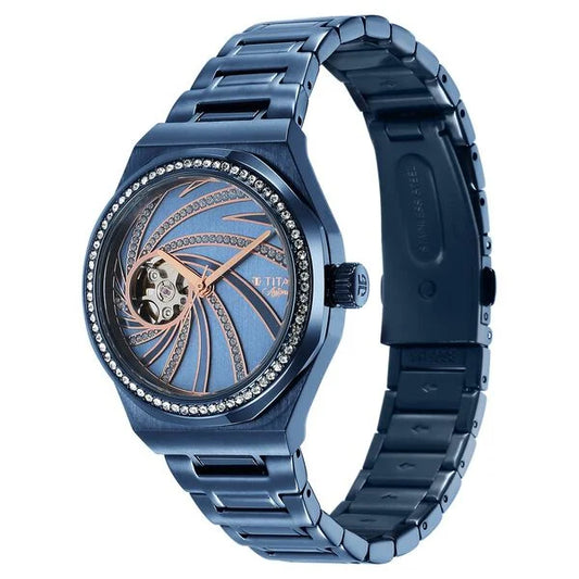 Titan Unending Beauty Automatic Blue Dial Analog Stainless Steel Strap watch for Women ns95177qm01