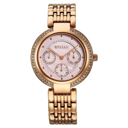 Titan Eternal Quartz Analog Pink Dial Rose Gold Metal Strap Watch For Women 95187wm01