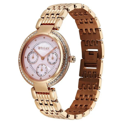 Titan Eternal Quartz Analog Pink Dial Rose Gold Metal Strap Watch For Women 95187wm01