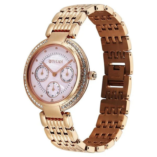 Titan Eternal Quartz Analog Pink Dial Rose Gold Metal Strap Watch For Women 95187wm01