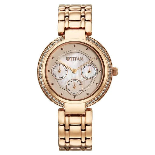 Titan Eternal Quartz Analog Off White Dial Rose Gold Metal Strap Watch For Women 95187wm02