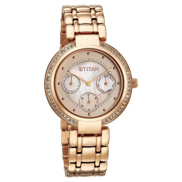 Titan Eternal Quartz Analog Off White Dial Rose Gold Metal Strap Watch For Women 95187wm02