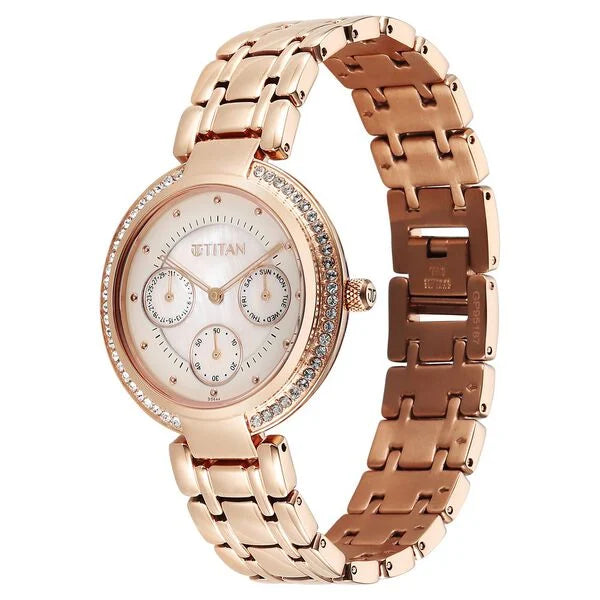 Titan Eternal Quartz Analog Off White Dial Rose Gold Metal Strap Watch For Women 95187wm02