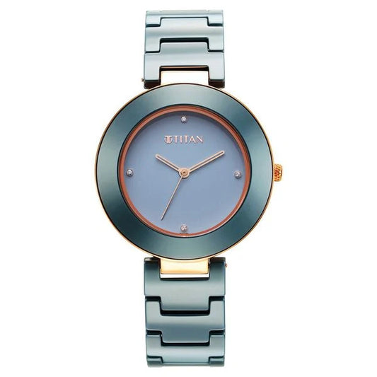 Titan Purple Ceramics Blue Dial Analog Ceramic Strap Watch for Women 95189kc05