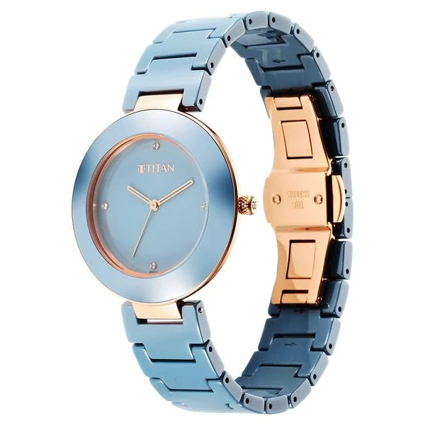 Titan Purple Ceramics Blue Dial Analog Ceramic Strap Watch for Women 95189kc05