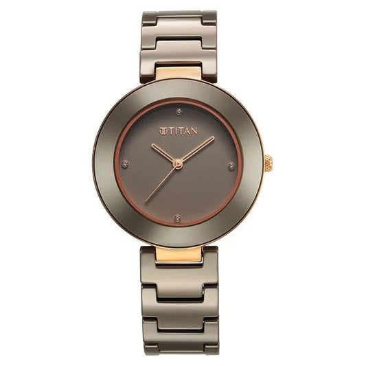 Titan Purple Ceramics Quartz Analog Brown Dial Ceramic Strap Watch for Women ns95189kc09