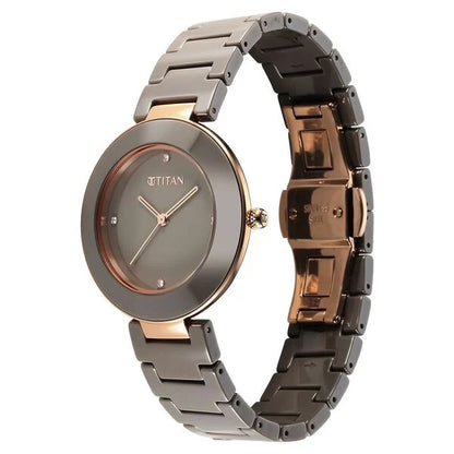 Titan Purple Ceramics Quartz Analog Brown Dial Ceramic Strap Watch for Women ns95189kc09