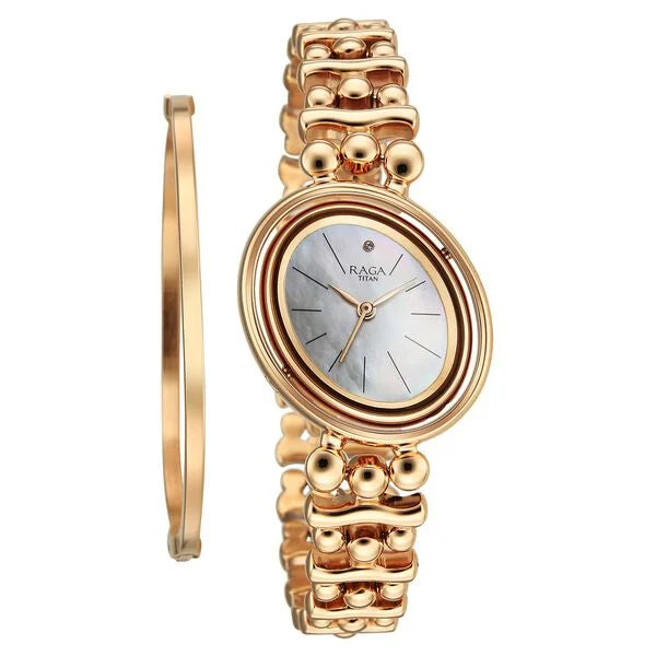 Titan Raga Glimmers Quartz Analog Mother of Pearl Dial Rose Gold Metal Strap Watch For Women nu95202wm01f