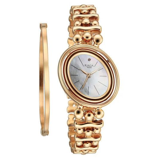 Titan Raga Glimmers Quartz Analog Mother of Pearl Dial Rose Gold Metal Strap Watch For Women nu95202wm01f