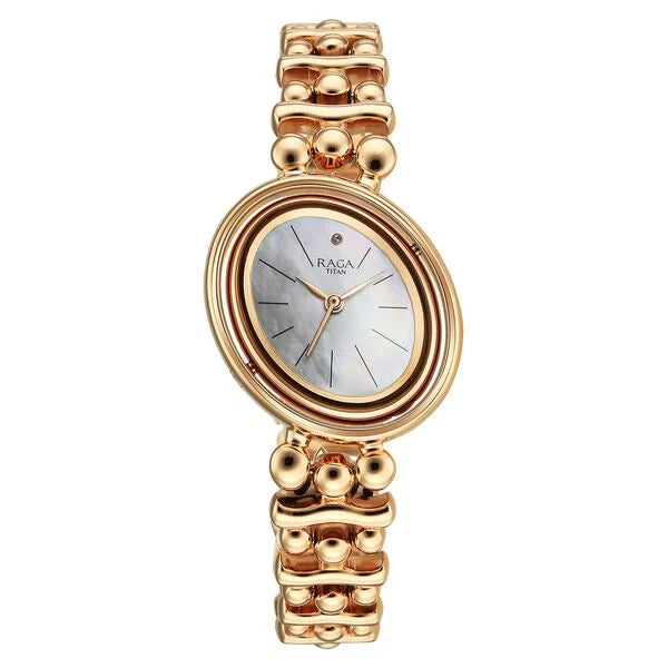 Titan Raga Glimmers Quartz Analog Mother of Pearl Dial Rose Gold Metal Strap Watch For Women nu95202wm01f