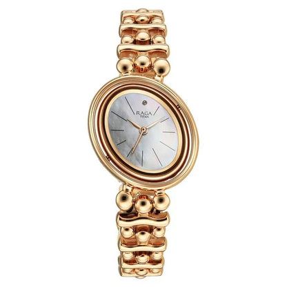 Titan Raga Glimmers Quartz Analog Mother of Pearl Dial Rose Gold Metal Strap Watch For Women nu95202wm01f