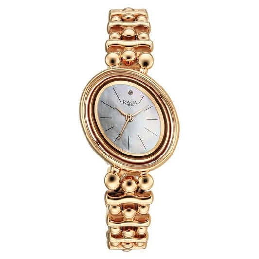 Titan Raga Glimmers Quartz Analog Mother of Pearl Dial Rose Gold Metal Strap Watch For Women nu95202wm01f