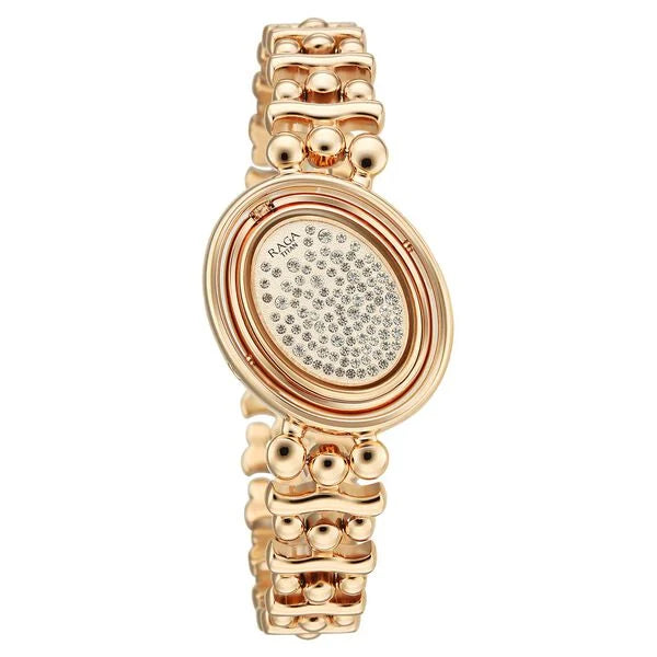 Titan Raga Glimmers Quartz Analog Mother of Pearl Dial Rose Gold Metal Strap Watch For Women nu95202wm01f