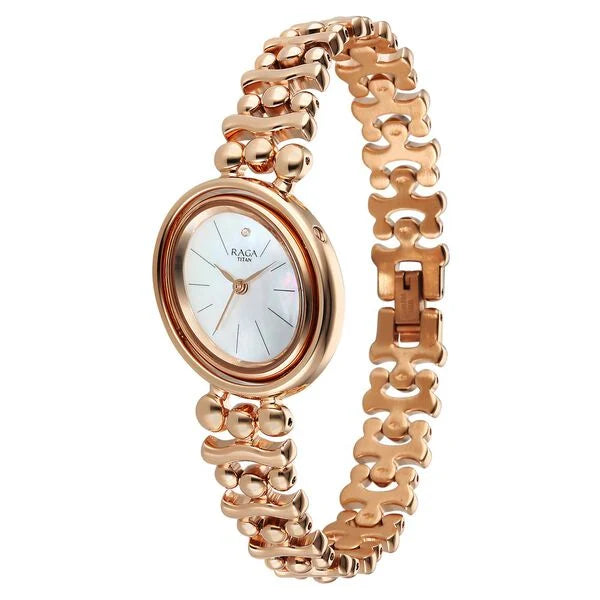 Titan Raga Glimmers Quartz Analog Mother of Pearl Dial Rose Gold Metal Strap Watch For Women nu95202wm01f