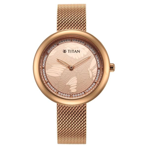 Titan Glitz Rose Gold Dial Stainless Steel Strap Watch for Women ns95210wm01