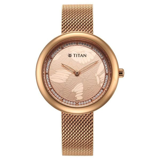 Titan Glitz Rose Gold Dial Stainless Steel Strap Watch for Women ns95210wm01