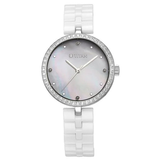 Titan Purple Ceramics Quartz Analog Mother of Pearl Dial White Ceramic Strap Watch For Women 95215kc01