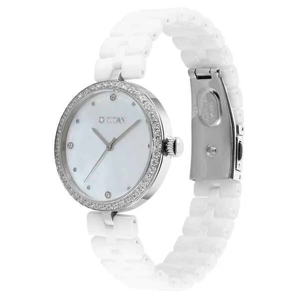 Titan Purple Ceramics Quartz Analog Mother of Pearl Dial White Ceramic Strap Watch For Women 95215kc01