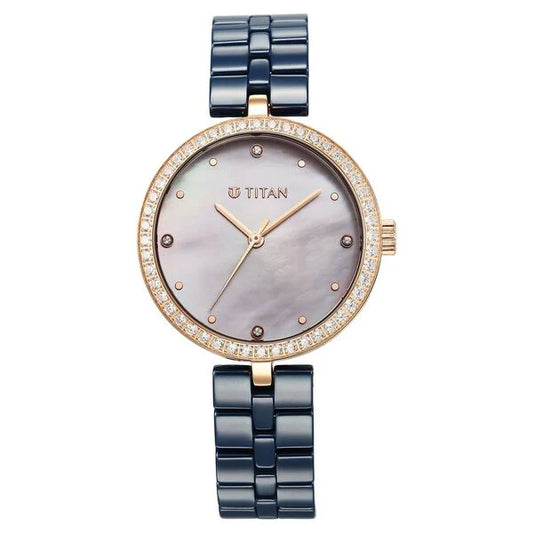 Titan Purple Ceramics Quartz Analog Mother of Pearl Dial Blue Ceramic Strap Watch For Women 95215kc03