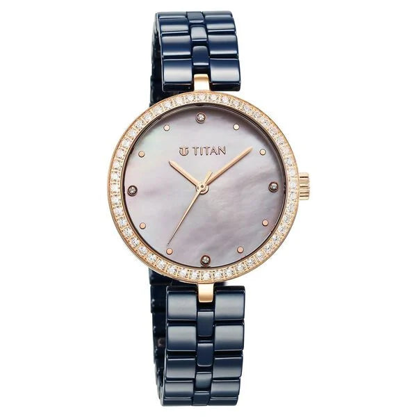Titan Purple Ceramics Quartz Analog Mother of Pearl Dial Blue Ceramic Strap Watch For Women 95215kc03