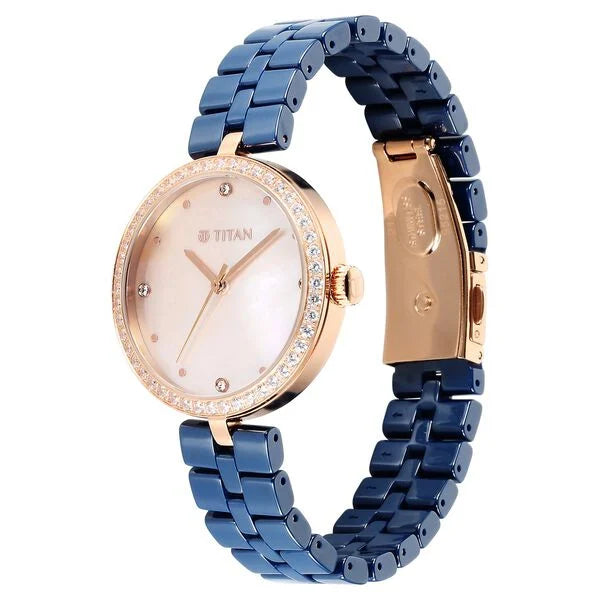 Titan Purple Ceramics Quartz Analog Mother of Pearl Dial Blue Ceramic Strap Watch For Women 95215kc03