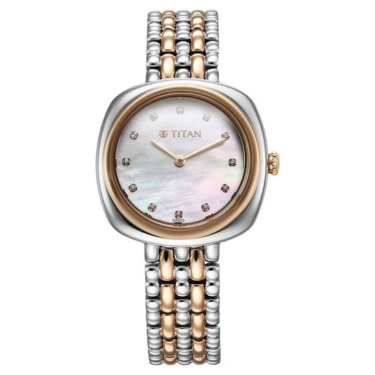 Titan Aura Quartz Analog White Mother Of Pearl Dial Rose Gold and Silver Stainless Steel Strap Watch for Women nt95241km01
