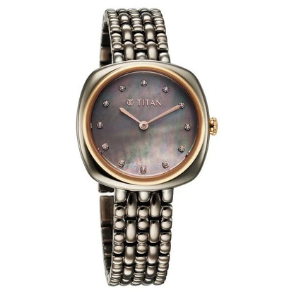 Titan Aura Quartz Analog Titanium Mother of Pearl Dial Titanium Stainless Steel Strap Watch for Women nt95241km02