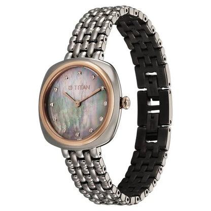 Titan Aura Quartz Analog Titanium Mother of Pearl Dial Titanium Stainless Steel Strap Watch for Women nt95241km02