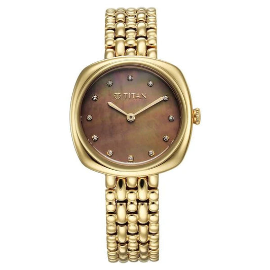 Titan Aura Quartz Analog Brown Mother of Pearl Dial Golden Stainless Steel Strap Watch for Women nt95241ym01
