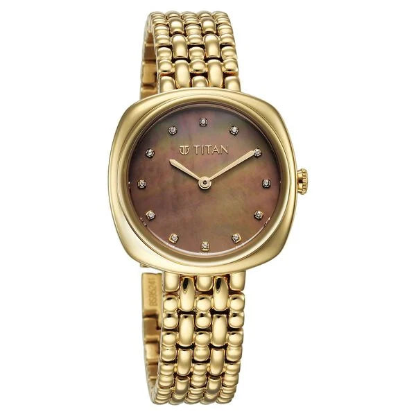 Titan Aura Quartz Analog Brown Mother of Pearl Dial Golden Stainless Steel Strap Watch for Women nt95241ym01