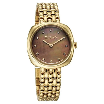 Titan Aura Quartz Analog Brown Mother of Pearl Dial Golden Stainless Steel Strap Watch for Women nt95241ym01
