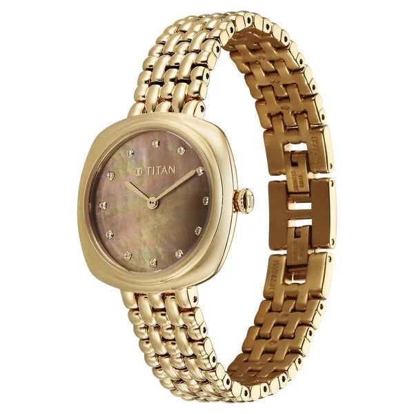 Titan Aura Quartz Analog Brown Mother of Pearl Dial Golden Stainless Steel Strap Watch for Women nt95241ym01