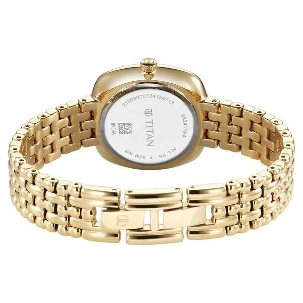 Titan Aura Quartz Analog Brown Mother of Pearl Dial Golden Stainless Steel Strap Watch for Women nt95241ym01