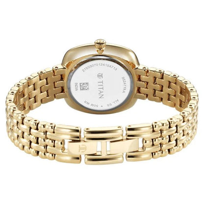 Titan Aura Quartz Analog Brown Mother of Pearl Dial Golden Stainless Steel Strap Watch for Women nt95241ym01