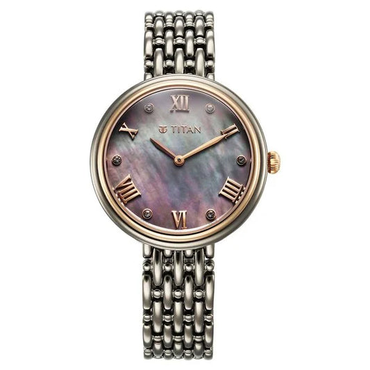 Titan Aura Quartz Analog Titanium Mother of Pearl Dial Titanium Stainless Steel Strap Watch for Women nt95243km01