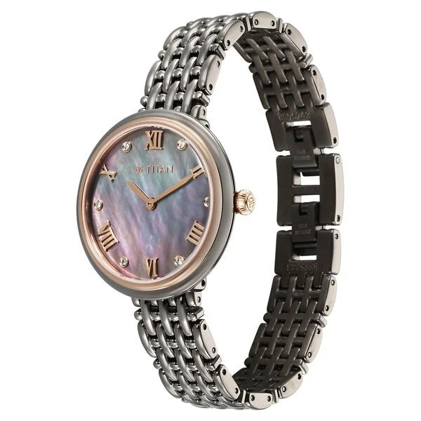 Titan Aura Quartz Analog Titanium Mother of Pearl Dial Titanium Stainless Steel Strap Watch for Women nt95243km01