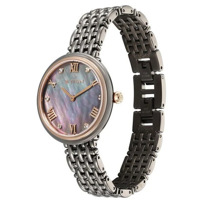 Titan Aura Quartz Analog Titanium Mother of Pearl Dial Titanium Stainless Steel Strap Watch for Women nt95243km01