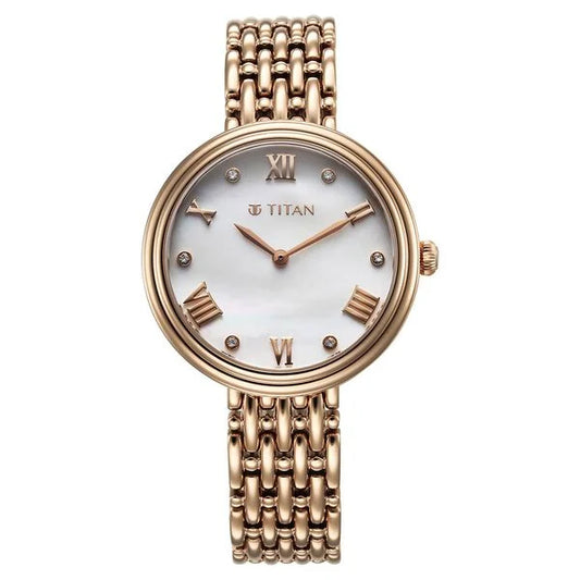 Titan Aura Quartz Analog White Mother of Pearl Dial Rose Gold Stainless Steel Strap Watch for Women nt95243wm01