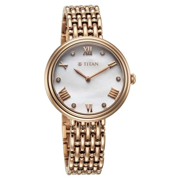 Titan Aura Quartz Analog White Mother of Pearl Dial Rose Gold Stainless Steel Strap Watch for Women nt95243wm01