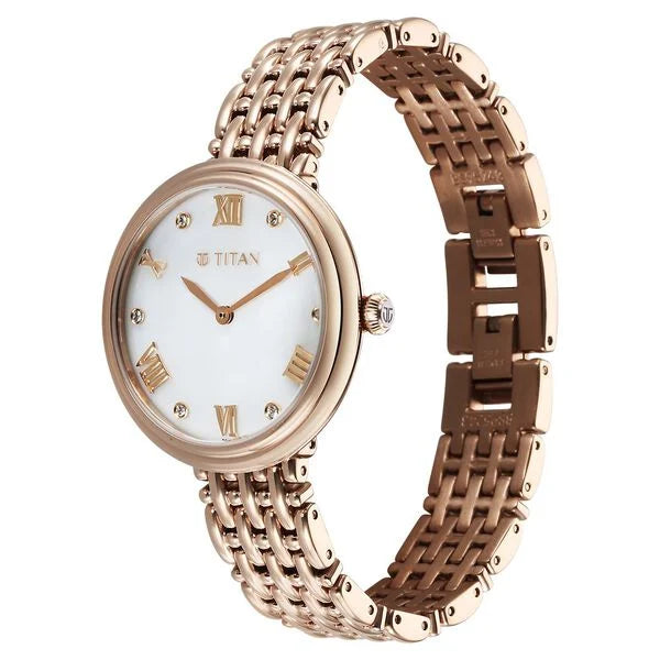 Titan Aura Quartz Analog White Mother of Pearl Dial Rose Gold Stainless Steel Strap Watch for Women nt95243wm01