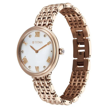 Titan Aura Quartz Analog White Mother of Pearl Dial Rose Gold Stainless Steel Strap Watch for Women nt95243wm01