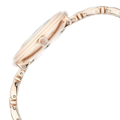 Titan Aura Quartz Analog White Mother of Pearl Dial Rose Gold Stainless Steel Strap Watch for Women nt95243wm01