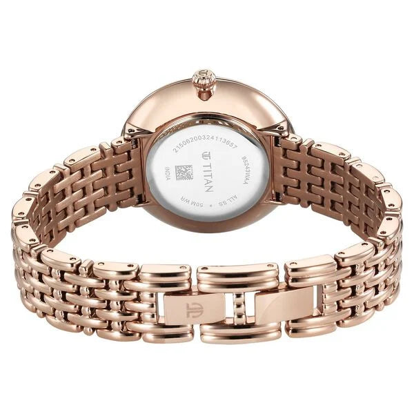 Titan Aura Quartz Analog White Mother of Pearl Dial Rose Gold Stainless Steel Strap Watch for Women nt95243wm01