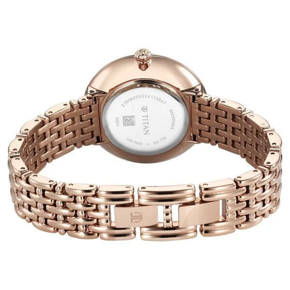 Titan Aura Quartz Analog White Mother of Pearl Dial Rose Gold Stainless Steel Strap Watch for Women nt95243wm01