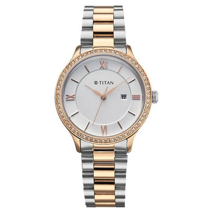 Titan Purple Prestige Quartz Analog with Date White Dial Brown Stainless Steel Strap Watch For Women