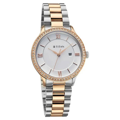 Titan Purple Prestige Quartz Analog with Date White Dial Brown Stainless Steel Strap Watch For Women