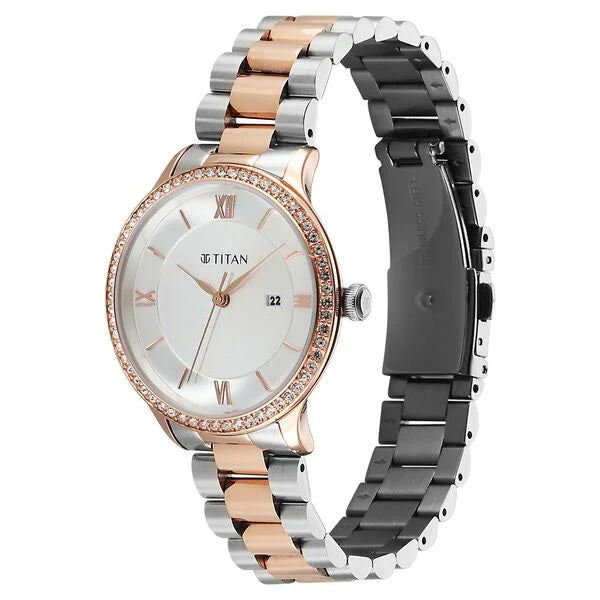 Titan Purple Prestige Quartz Analog with Date White Dial Brown Stainless Steel Strap Watch For Women