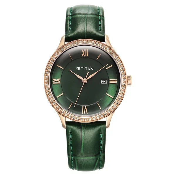 Titan Bright Leathers Green Dial Analog with Date Leather Strap Watch for Women nt95247wl02