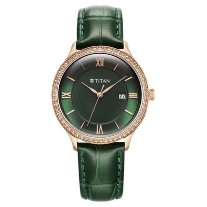 Titan Bright Leathers Green Dial Analog with Date Leather Strap Watch for Women nt95247wl02