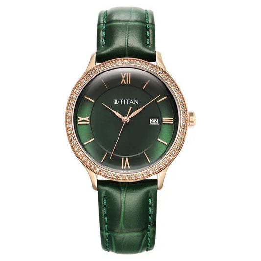 Titan Bright Leathers Green Dial Analog with Date Leather Strap Watch for Women nt95247wl02
